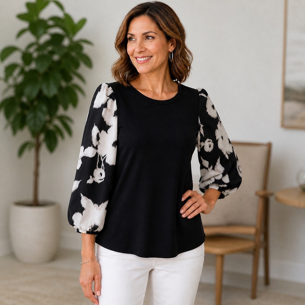 Chico's‎ Black Top Statement Balloon Sleeve Blouse Floral Print Mixed Media Sz 8